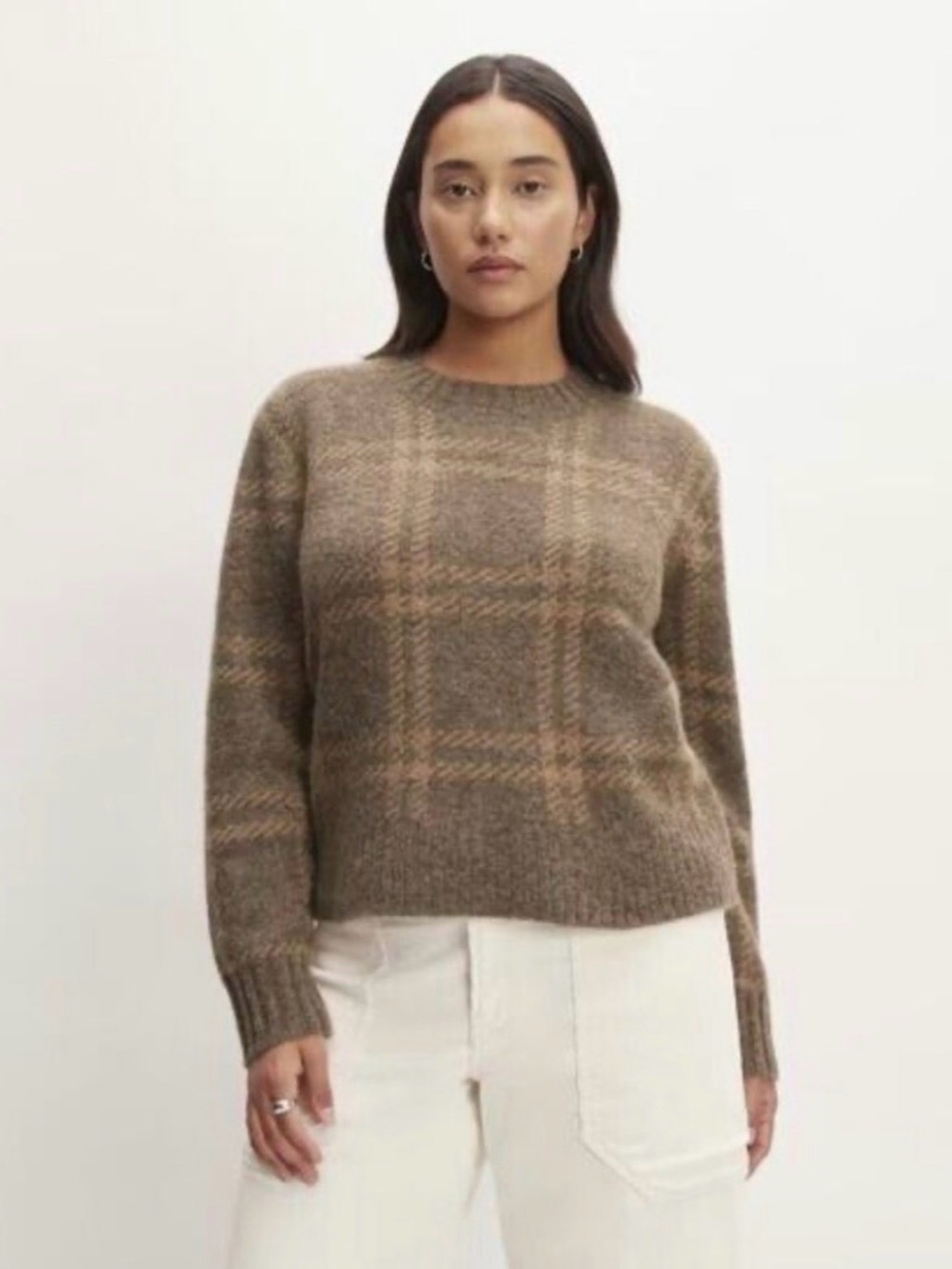 Everlane The Alpaca Cropped Crew Neck Sweater Cocoa Plaid